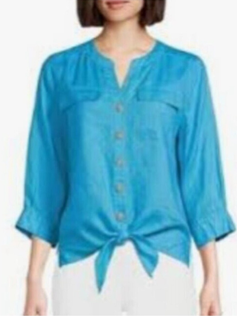 John Mark Turquoise Button-Front Tie-Hem linen Women's Shirt size XL